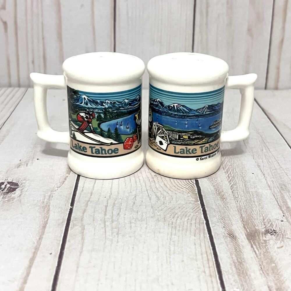 LAKE TAHOE SALT & PEPPER SHAKER SET DOWNHILL SNOW SLOPE MOUNTAIN GAMBLING 1986